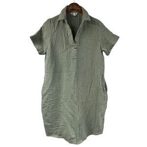 Three Dots Gauzy Sage Green Shirt Dress With Collar Small Pockets 100% Cotton